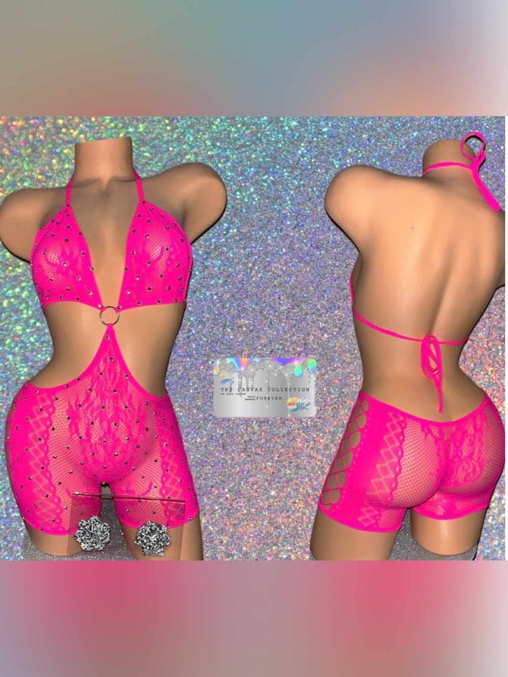 Pink Cutout Romper with Rhinestone Accents & matching pasties
